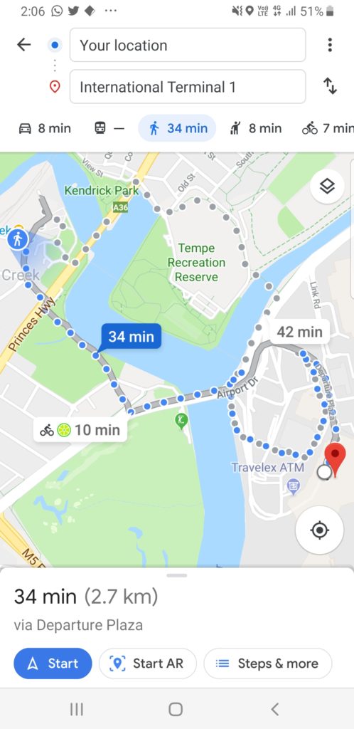 Google Maps - Wolli Creek to Sydney International Airport