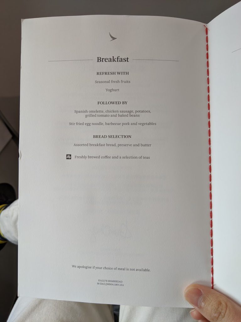 Cathay Dragon Business Class Menu Danang To Hong Kong KA227