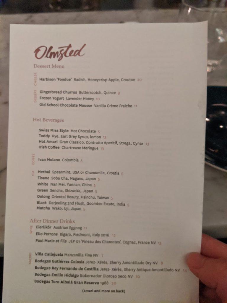 Olmsted Dessert Menu