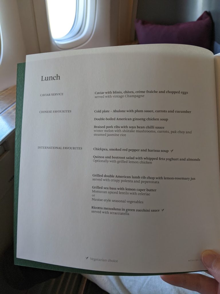 Cathay Pacific First Class Menu Lunch