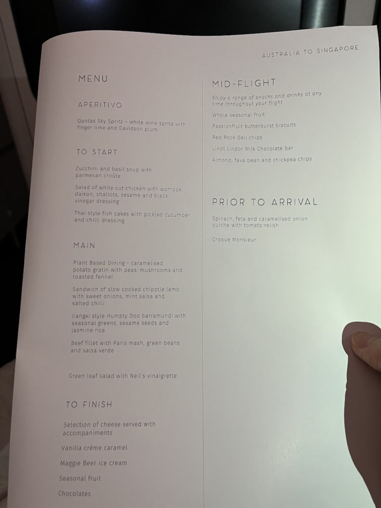 Qantas A380 Business Class Menu