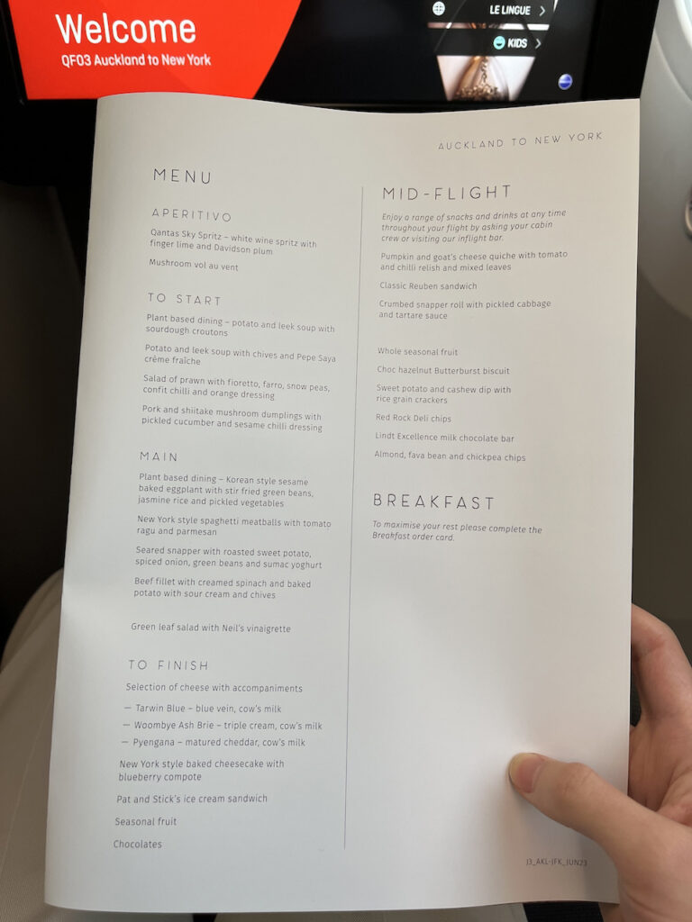 Qantas Sydney To New York Review Business Class Menu