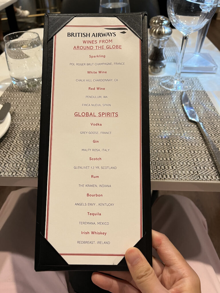 British Airways First Dining Room Drinks Menu