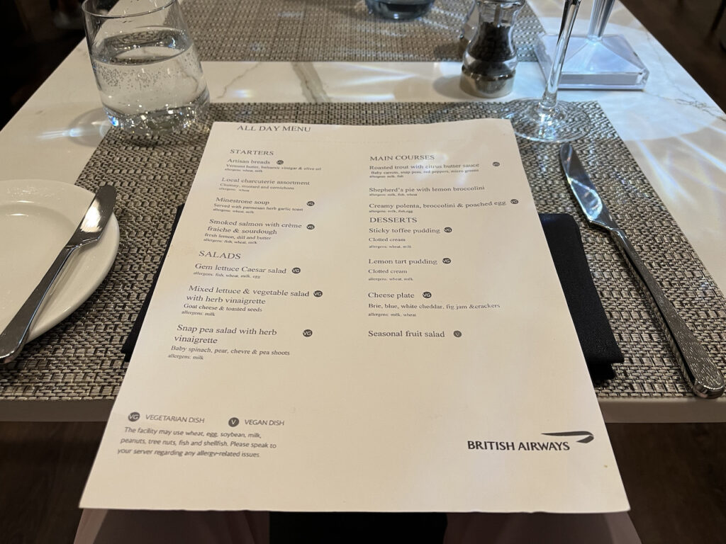 British Airways First Dining Room Menu