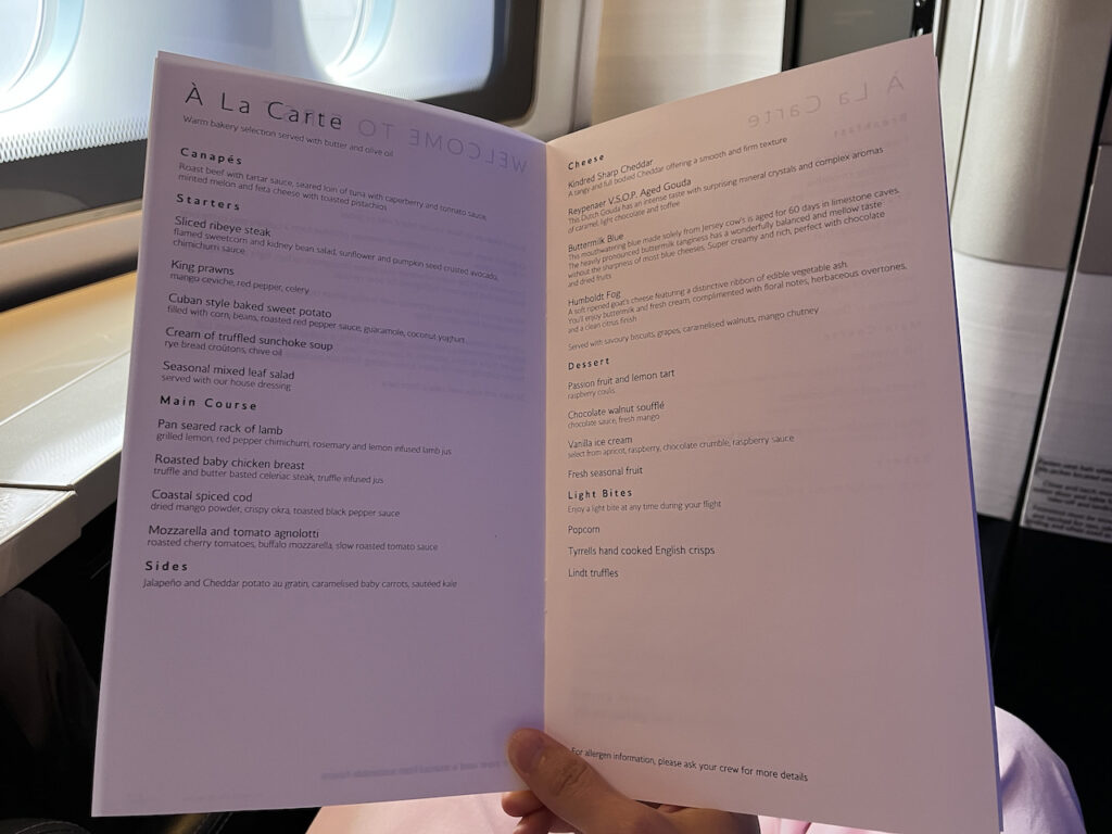 British Airways First Class Menu