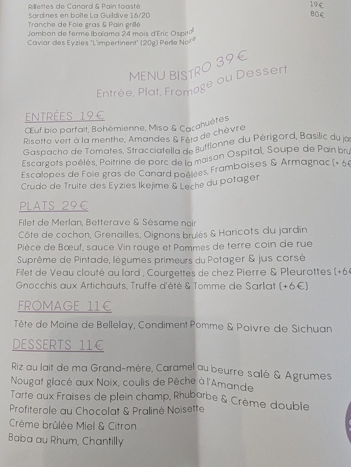 Les Glycines Les Eyzies lunch Menu