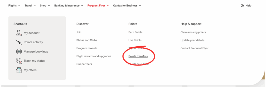 Qantas Family Transfer is found under Freqent Flyer Points Points Transfer.