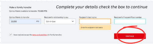 Qantas family transfer form 2025 showing fields for recipient and points amount with submit button highlighted