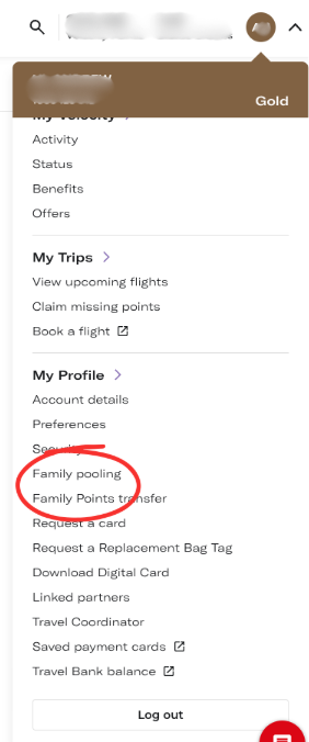 The Velocity account menu showing where to find the Family Pooling and Family Points Transfer options
