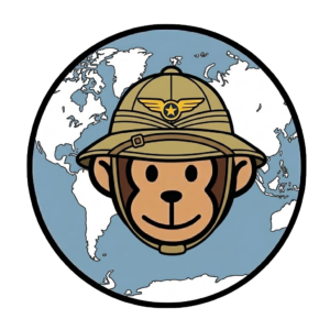 ravel Monkey in explorer hat with world map — Points Brotherhood mascot