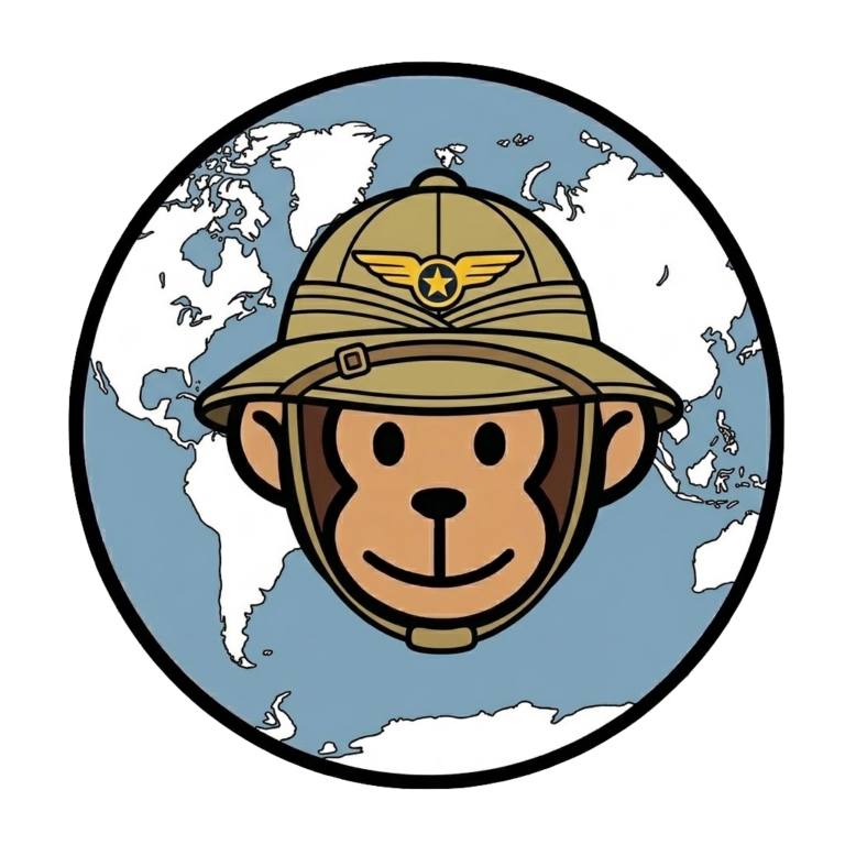 travel Monkey in explorer hat with world map — Points Brotherhood mascot