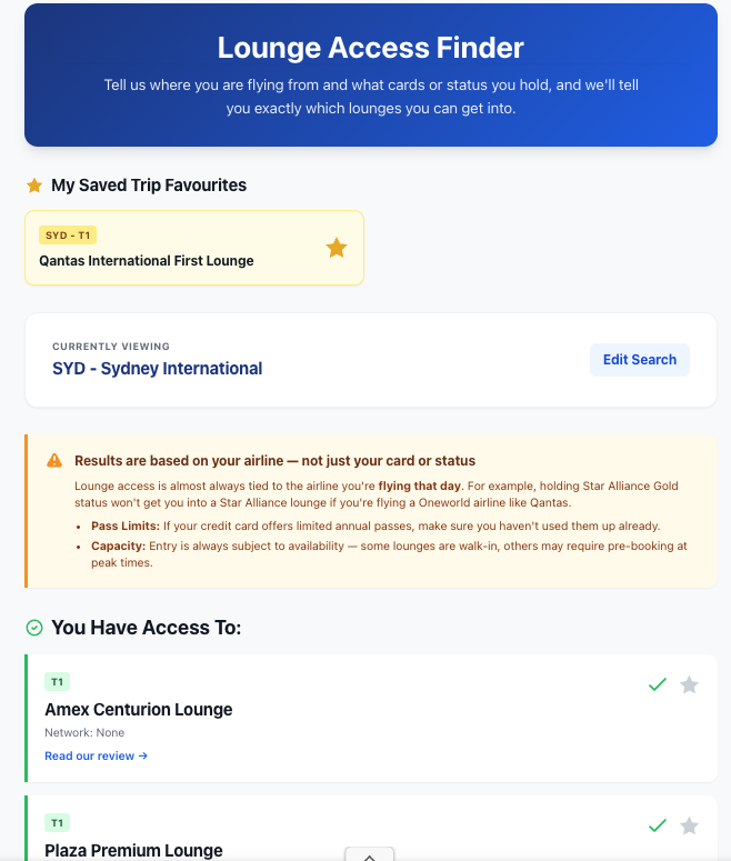 Lounge Access Finder showing which airport lounges you can access with your cards and frequent flyer status