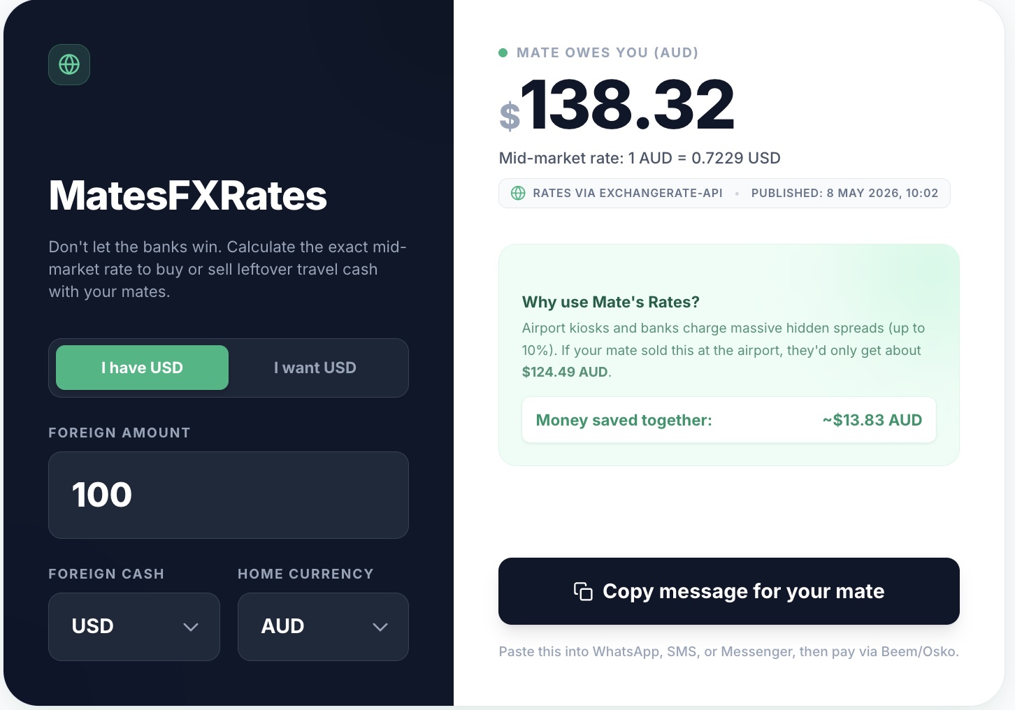 MatesFX Travel Cash Splitter for group expenses and foreign currency