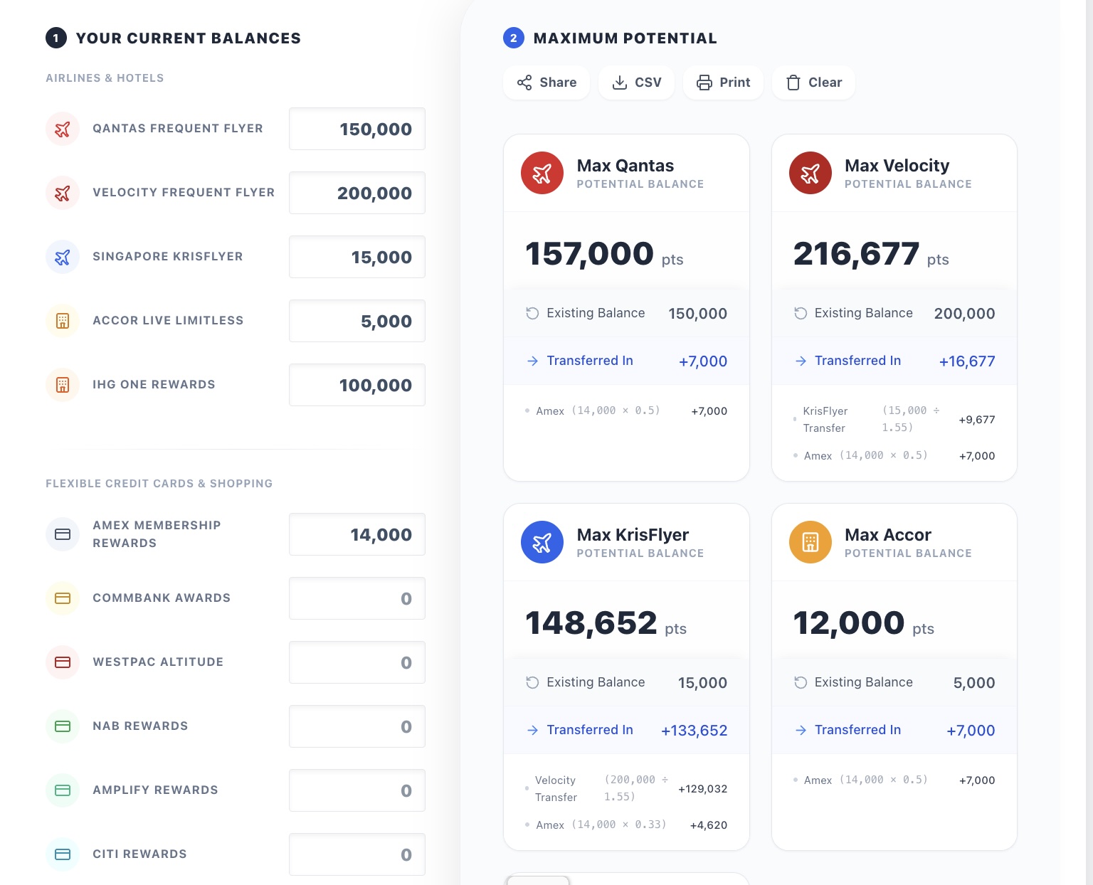 Points Consolidator tool showing Qantas Velocity and Amex points balances
