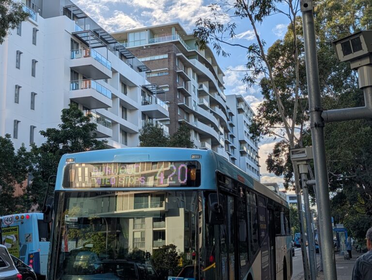420 bus to Burwood showing destination board at Mascot Station, Sydney