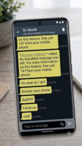 Text message exchange: a child frantically messaging 'Dad!' because his phone number went dark overseas, while he replies 'Answer your phone' — the risk of the wrong travel eSIM setup.