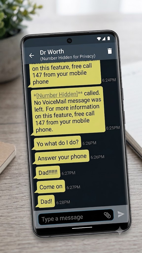 Text message exchange: a child frantically messaging 'Dad!' because his phone number went dark overseas, while he replies 'Answer your phone' — the risk of the wrong travel eSIM setup.