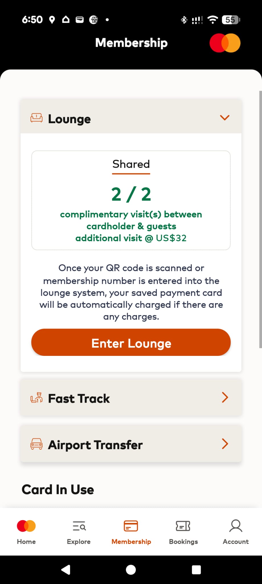Mastercard Travel Pass app showing 2 complimentary lounge visits with CommBank World Debit Mastercard