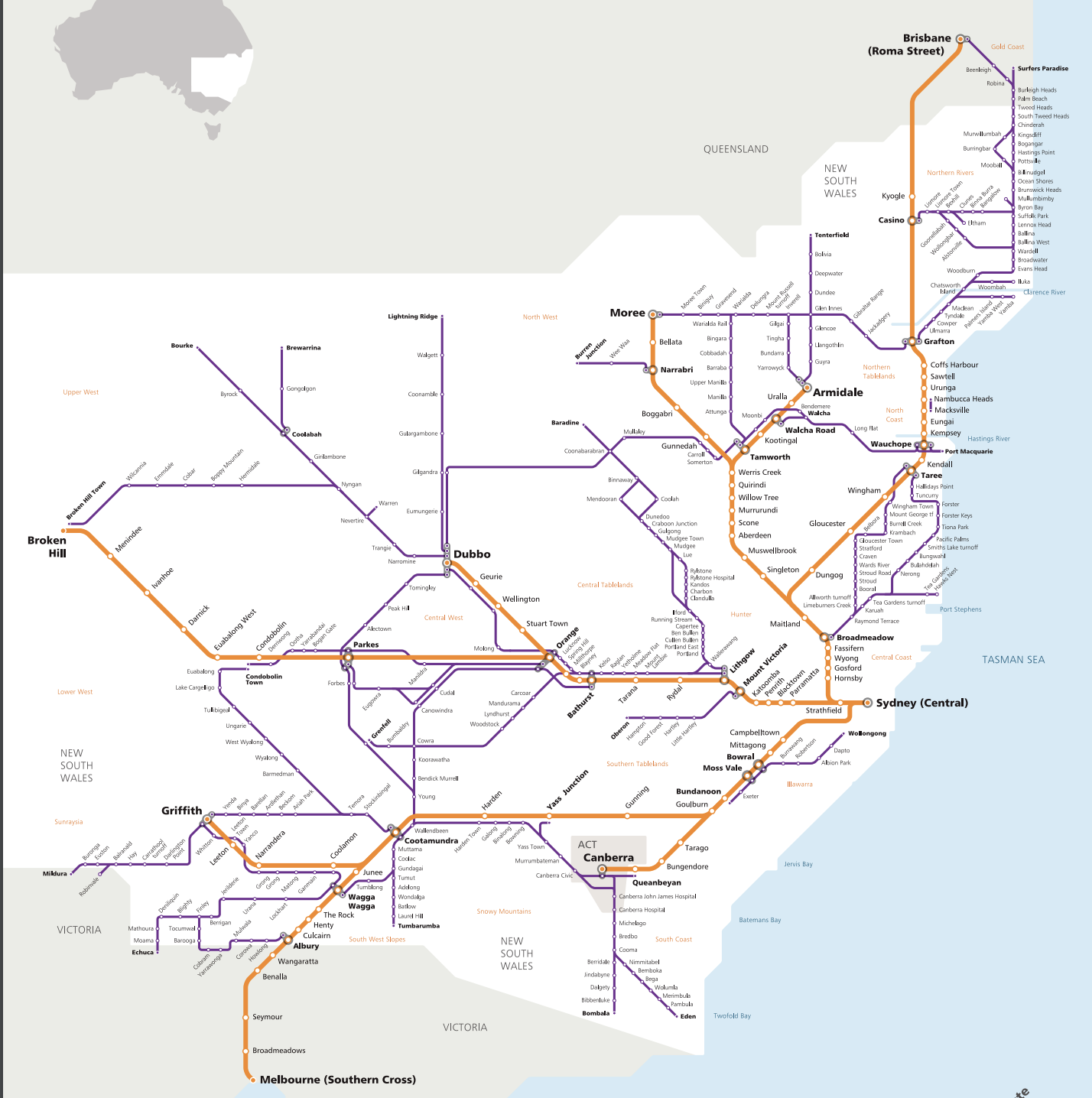 NSW TrainLink regional train and coach network map showing routes across New South Wales to Melbourne, Brisbane and Canberra