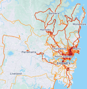 Strava heat map of cycling activity across Sydney, showing routes concentrated on the North Shore, Northern Beaches and eastern suburbs