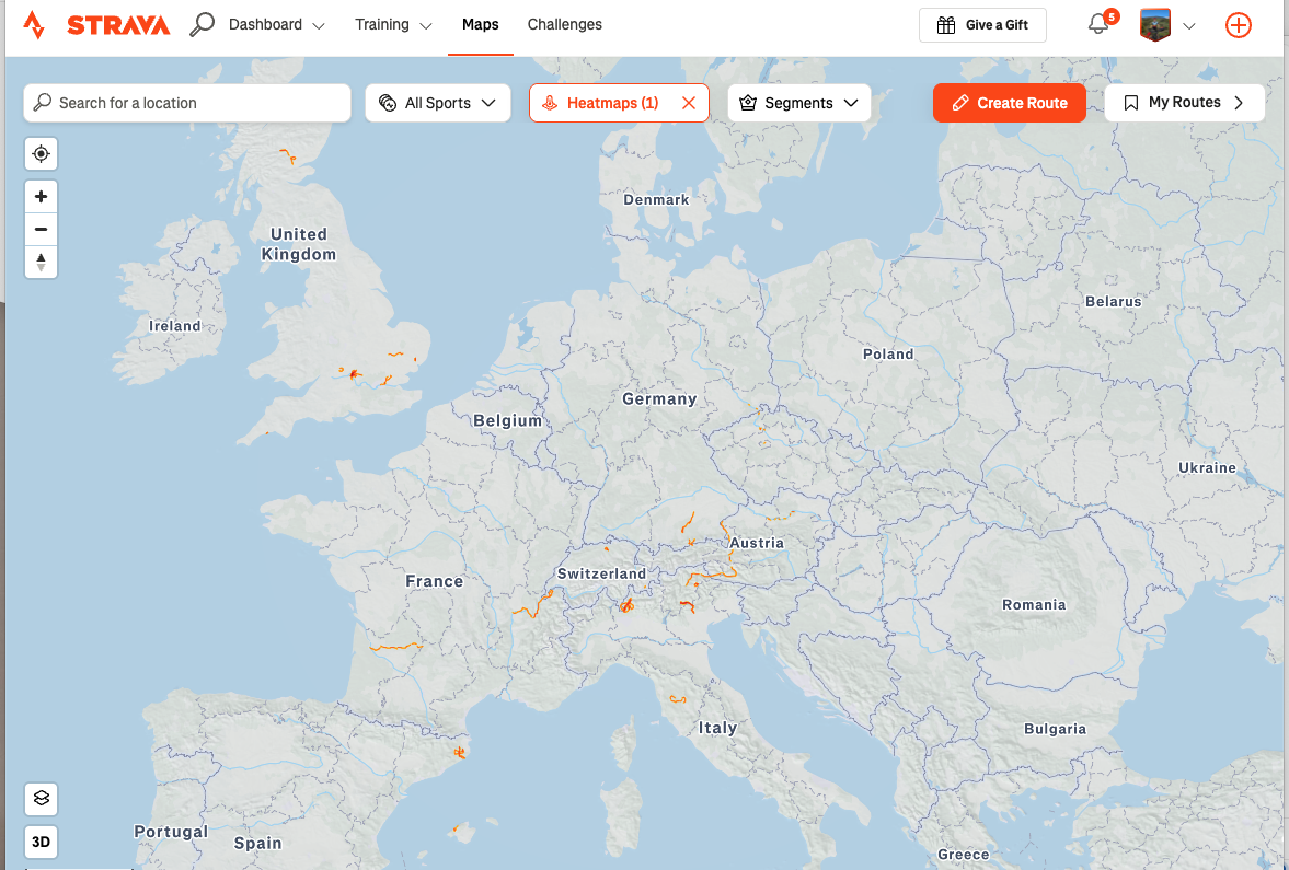 Strava heatmap showing years of European cycling reduced to thin lines when zoomed out