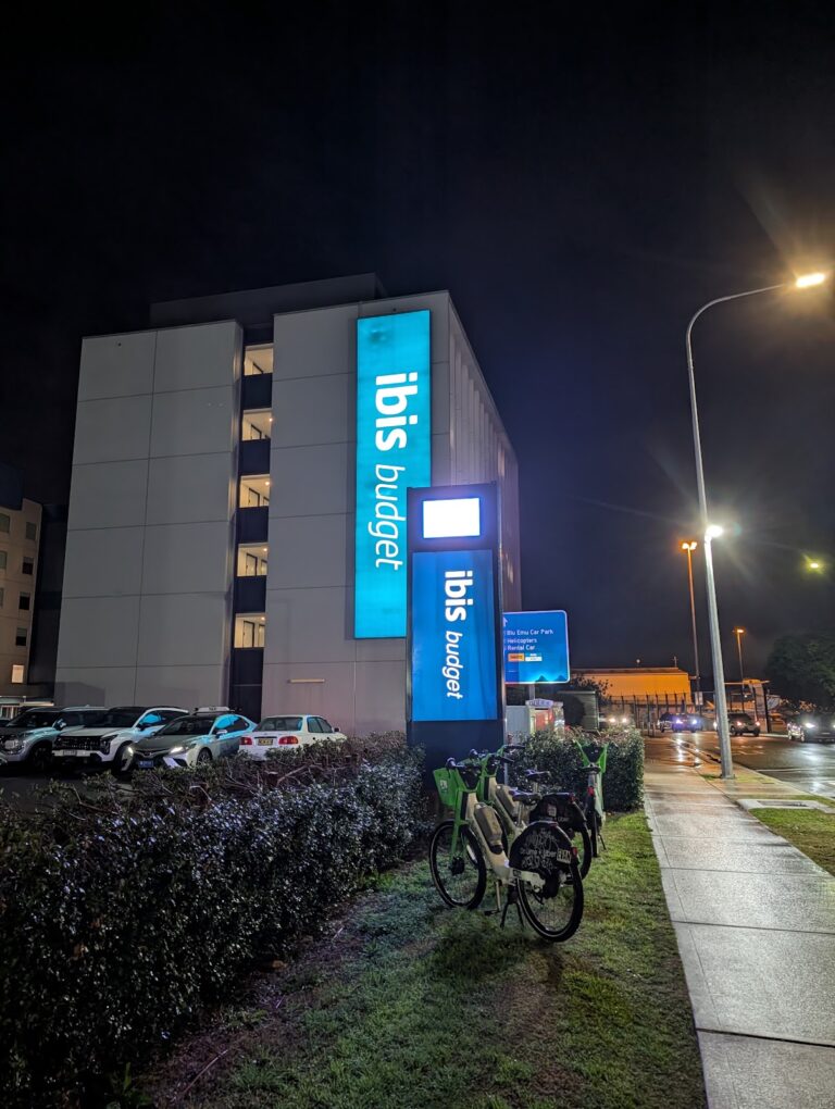 The ibis Budget sign, a few minutes' walk from the domestic terminal