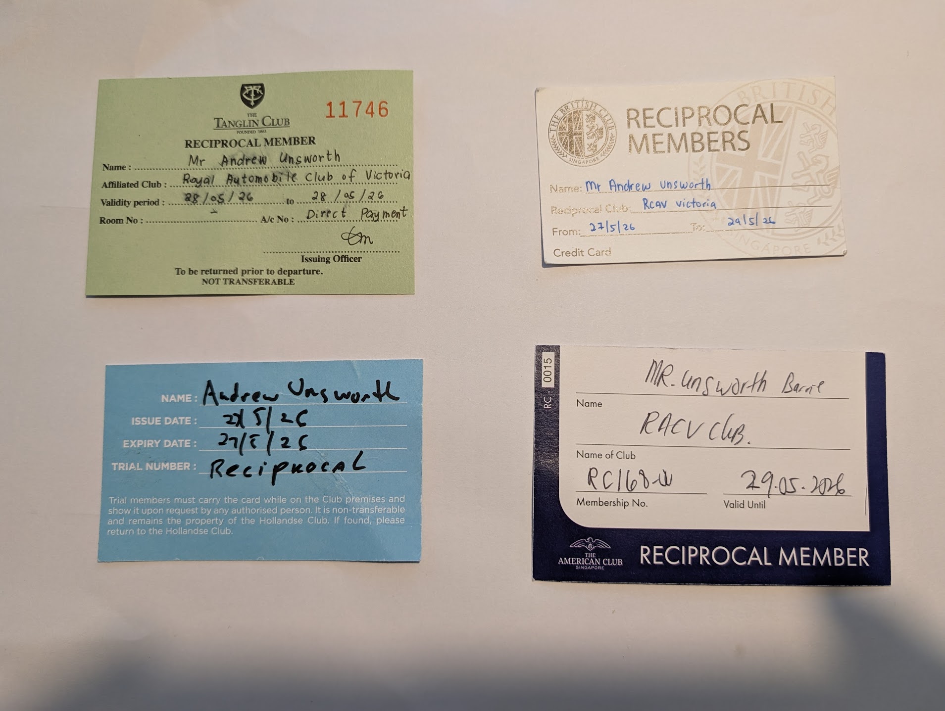RACV reciprocal clubs member cards for the Tanglin, British, American and Hollandse clubs, Singapore
