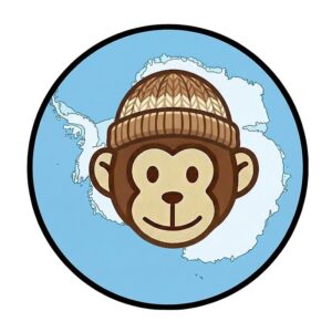 Antarctica travel sticker, monkey wearing an explorer beanie
