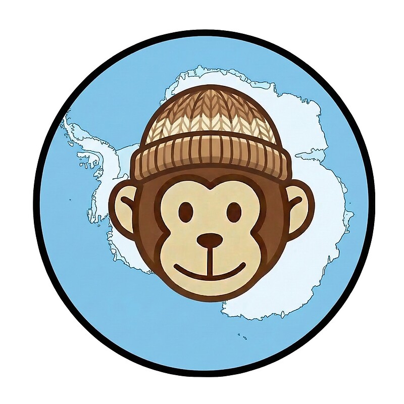 Antarctica travel sticker, monkey wearing an explorer beanie