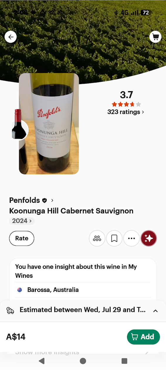 Vivino app rating for Penfolds Koonunga Hill Cabernet Sauvignon 2024, 3.7 stars from 323 ratings