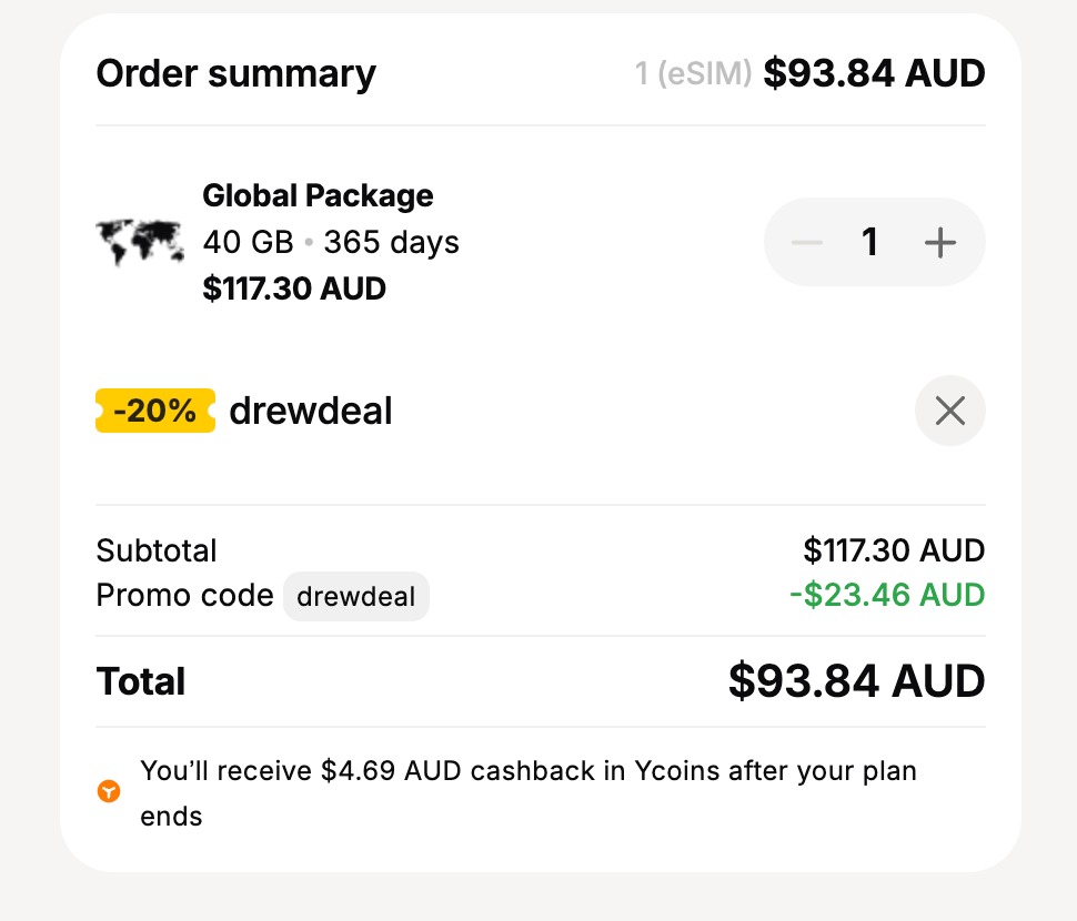 Yesim checkout screen showing the DREWDEAL code applied — 20% off a 40GB, 365-day Global Package, September 2026