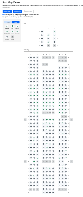 Seats.aero seat map showing the main deck First and Economy cabins on a Qantas A380