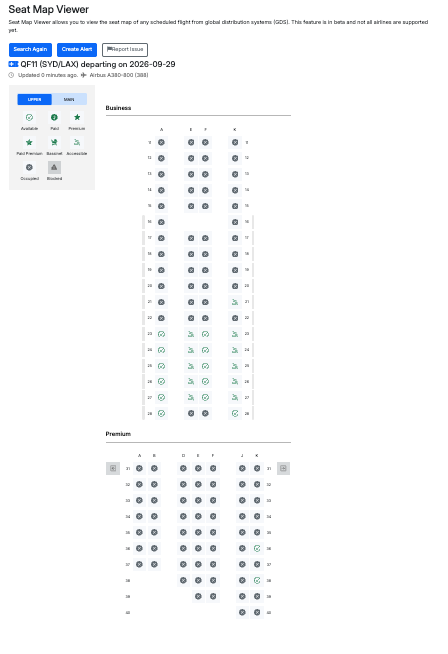 Seats.aero seat map showing the upper deck Business and Premium Economy cabins on a Qantas A380