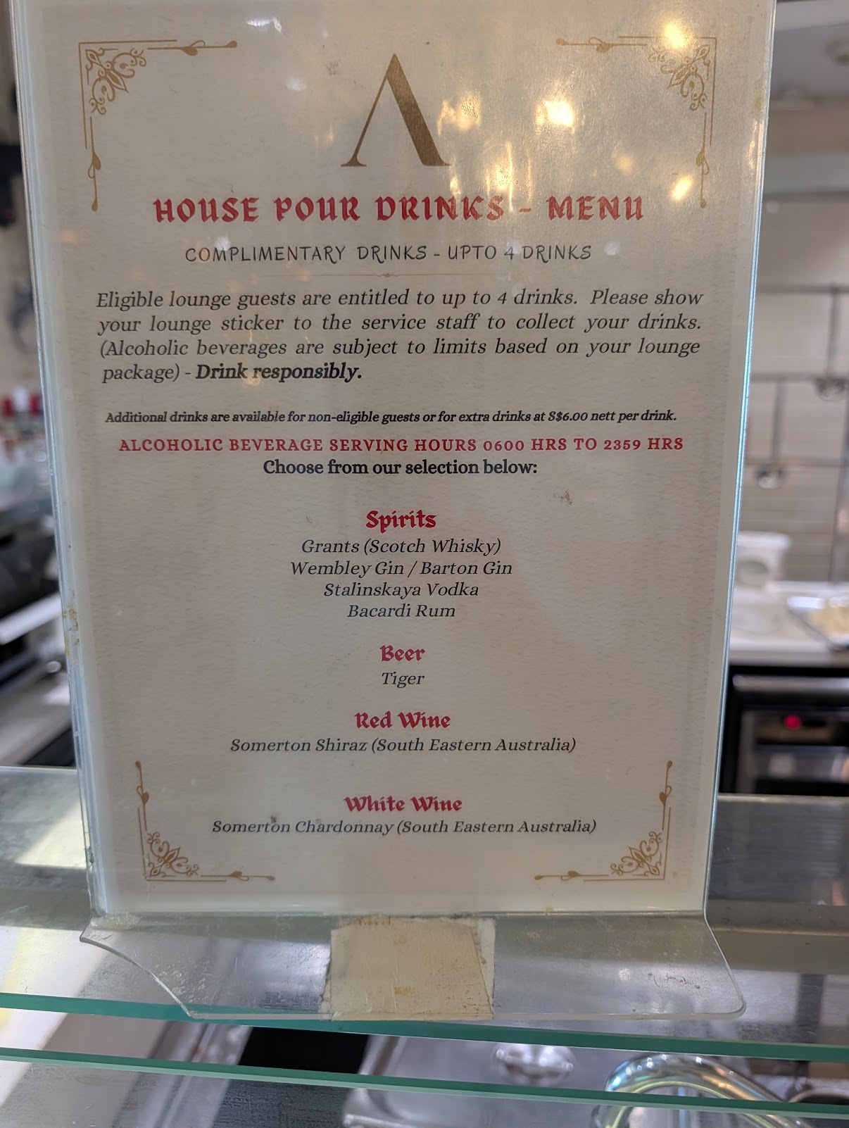 House pour drinks menu, up to 4 complimentary drinks