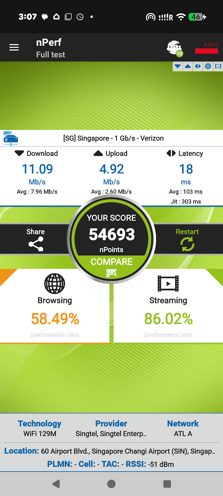 nPerf speed test in the Ambassador Transit Lounge showing 11 Mb/s download and 4.9 Mb/s upload
