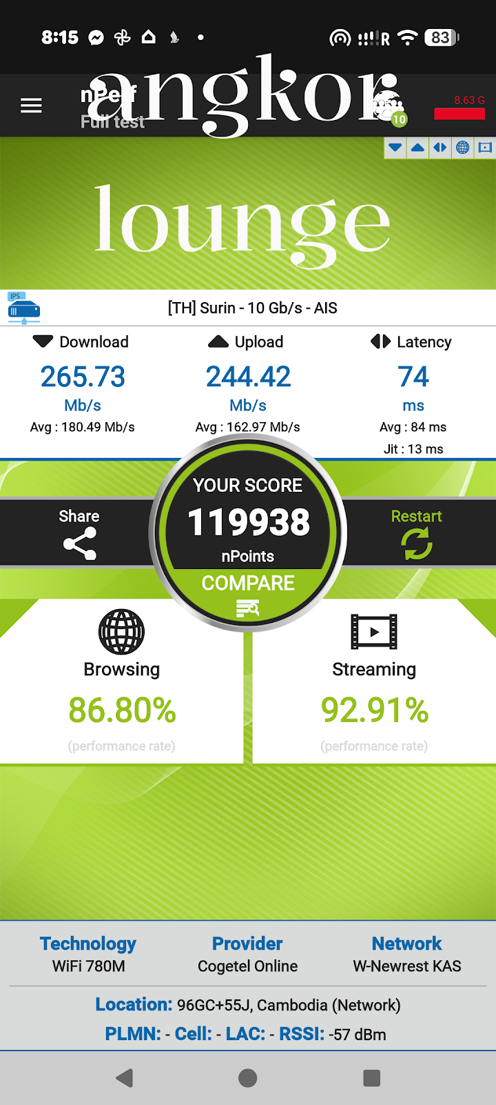 nPerf speed test in the Angkor Lounge showing 265 Mb/s download and 244 Mb/s upload