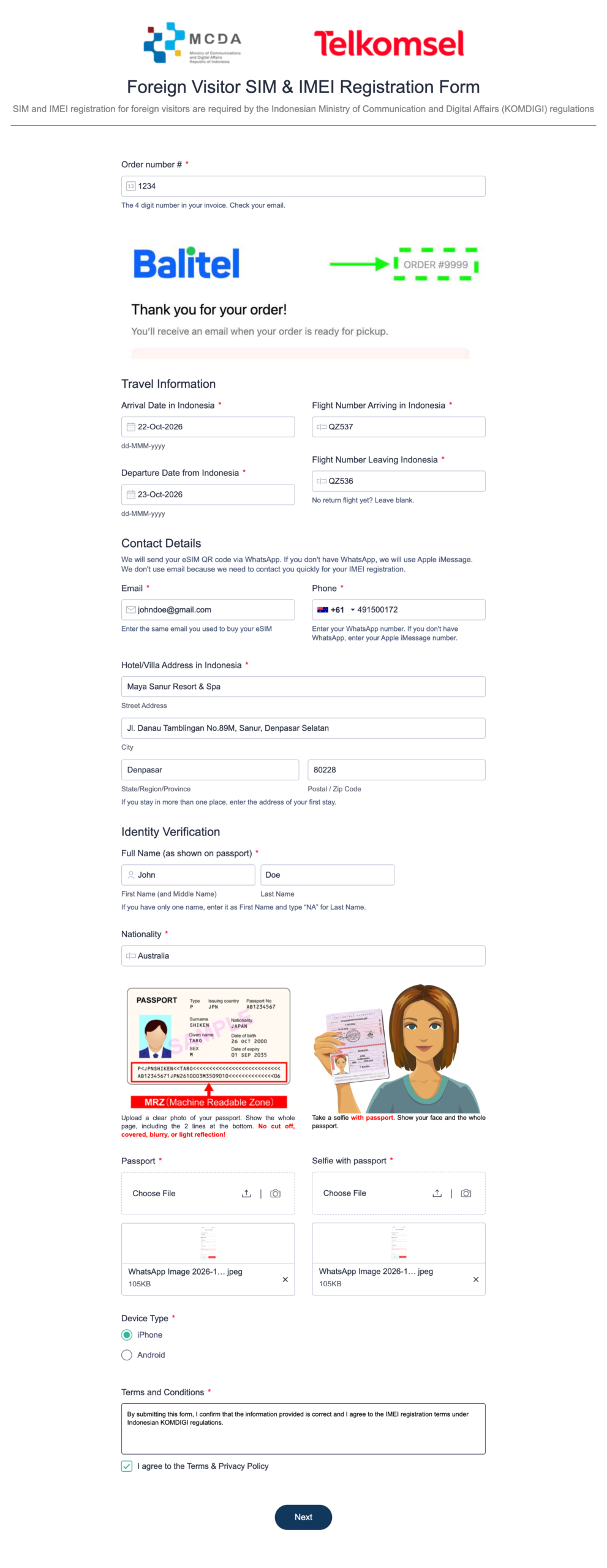 Balitel Telkomsel foreign visitor SIM and IMEI registration form for a Bali eSIM