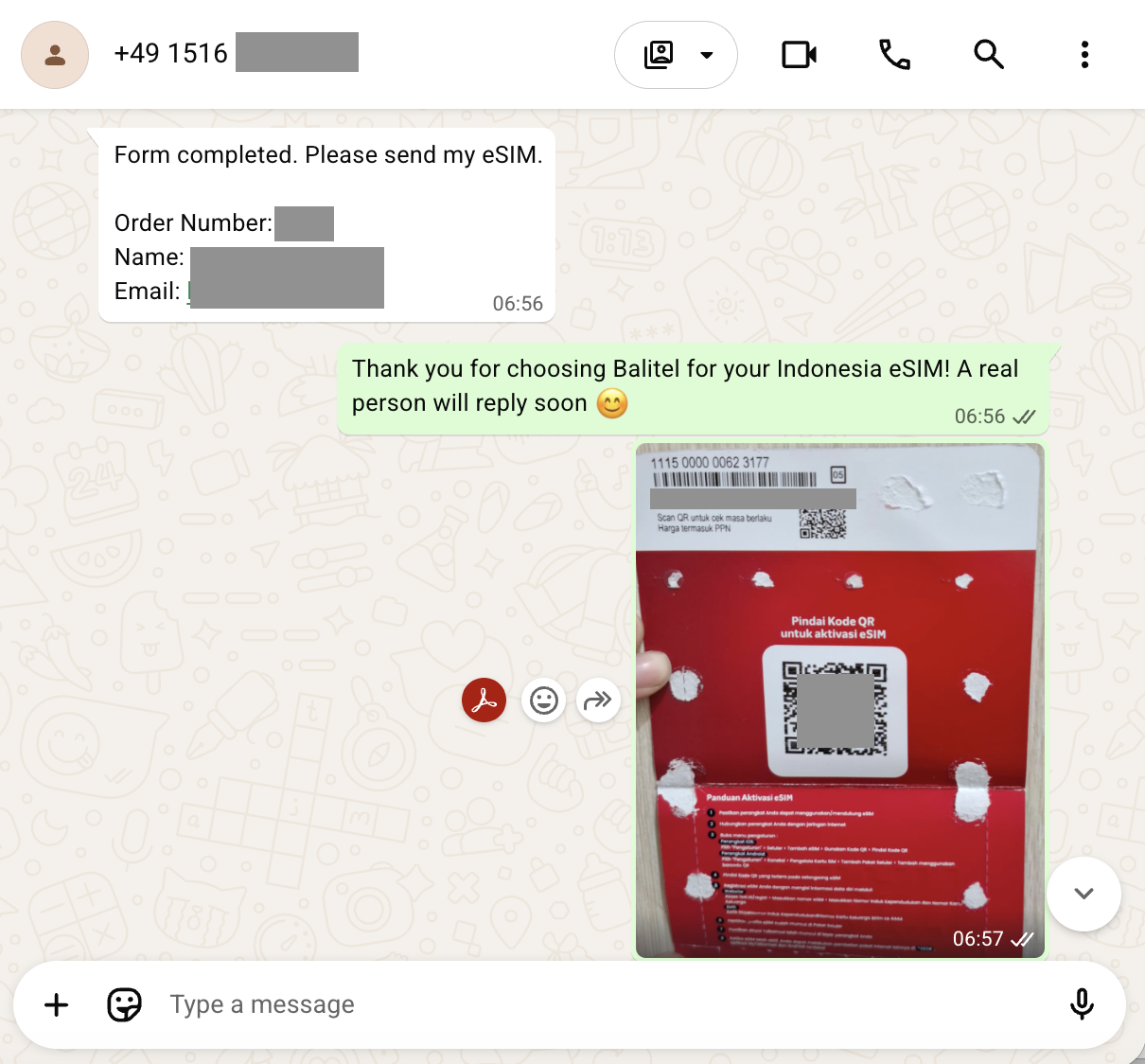 Balitel sends the Telkomsel eSIM QR code for Bali on WhatsApp