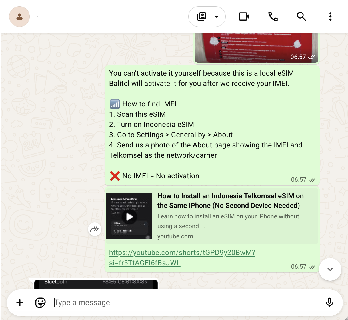 Balitel WhatsApp instructions for finding and sending your iPhone IMEI