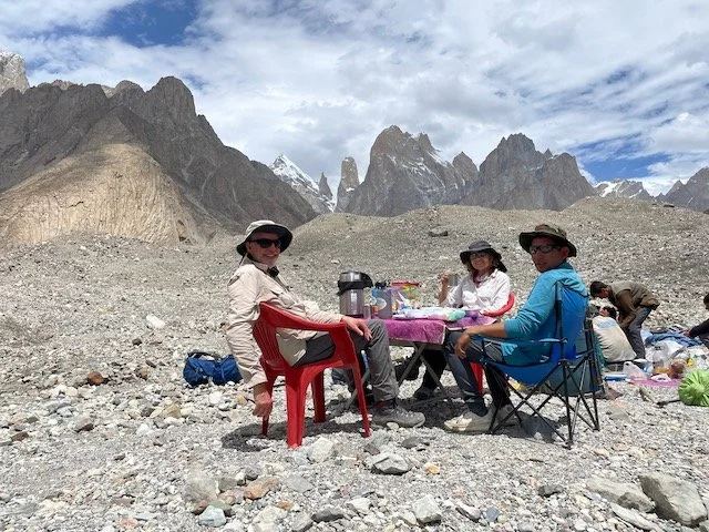 Trekkers stopped for lunch on the Baltoro Glacier in Pakistan
