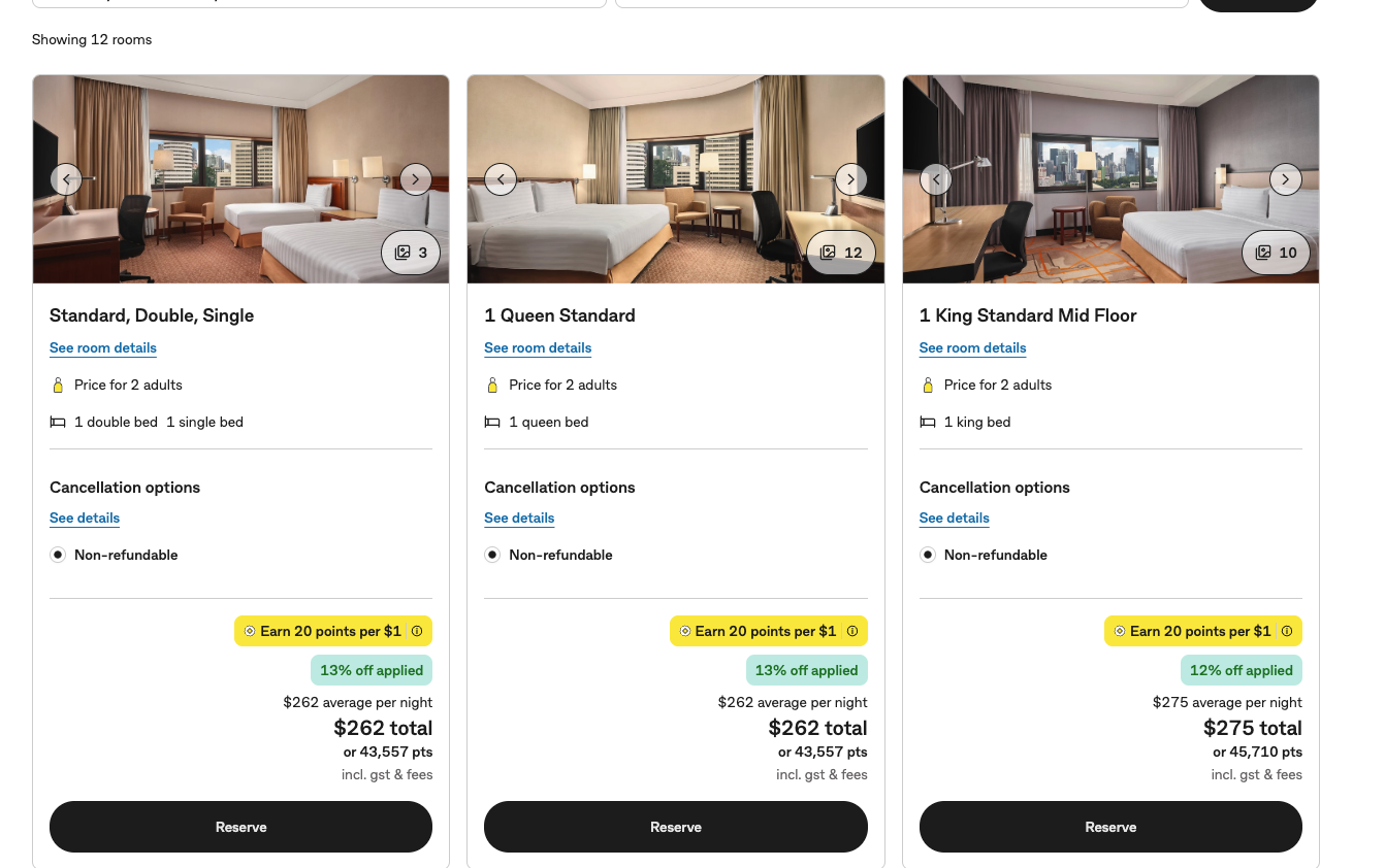 CommBank Travel Booking page showing the same hotel at $262 or 43,557 Yello points