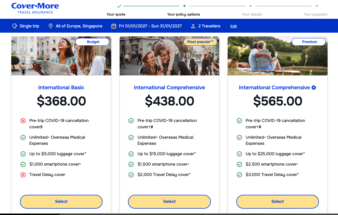 Cover-More travel insurance quote for two travellers, Europe and Singapore, January 2027
