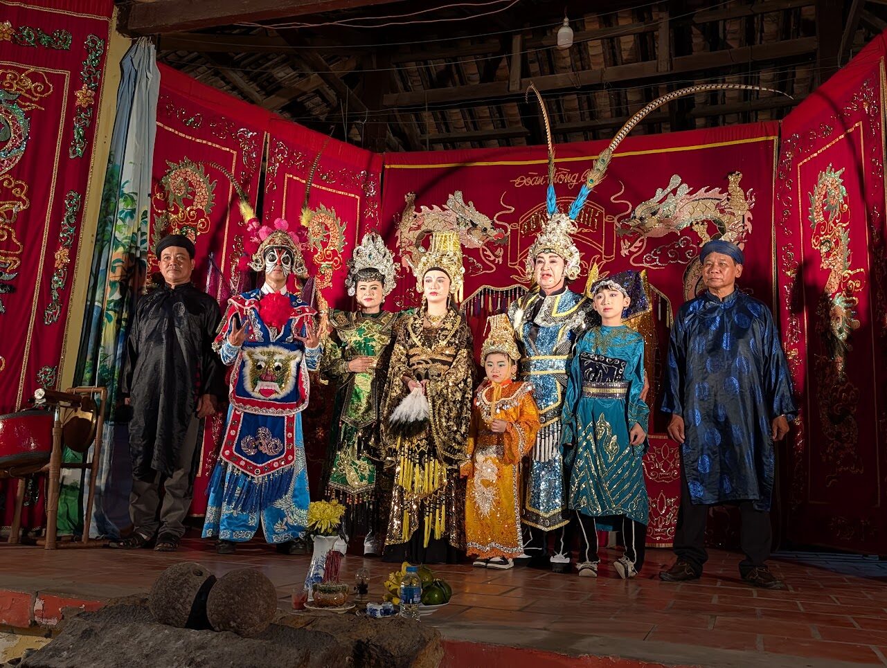 Hat Boi opera performers in costume at Van Thanh Mieu temple in Vinh Long