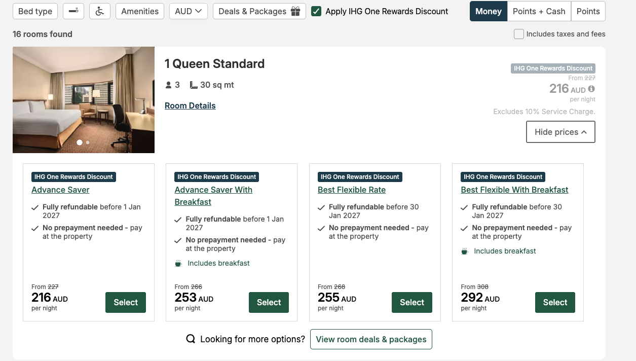 IHG direct booking page showing the member rate for a standard queen room