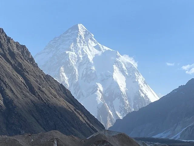 K2 under snow and blue sky, seen from Concordia in Pakistan
