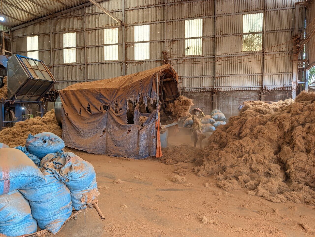 Coconut husk fibre being processed in a dusty Mekong Delta factory shed