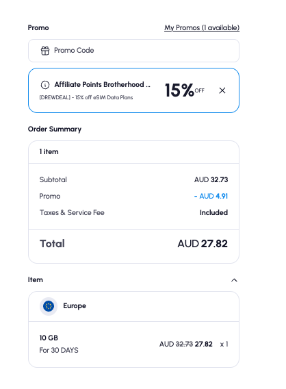 Nomad checkout with code DREWDEAL applied, Europe 10GB 30-day plan reduced from AUD 32.73 to AUD 27.82