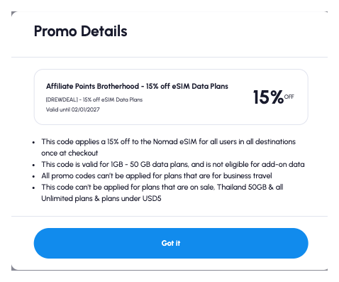 Nomad promo details for DREWDEAL, 15% off eSIM data plans from 1GB to 50GB
