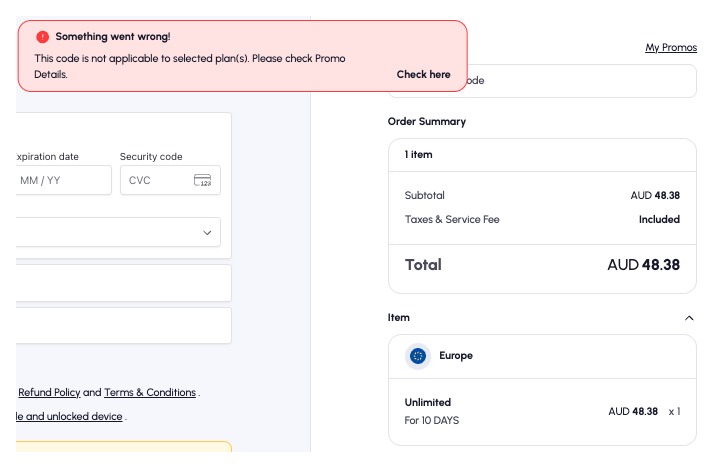 Nomad checkout error saying the code is not applicable to a 10-day Unlimited Europe plan