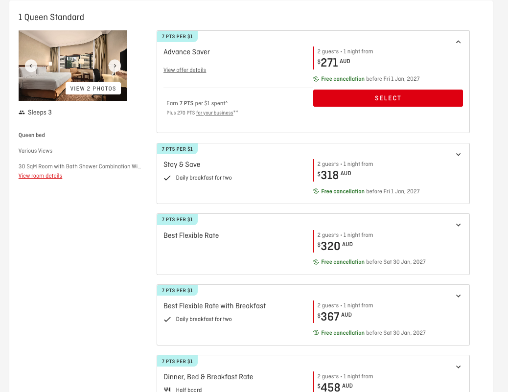 Qantas Hotels page showing the same hotel from $271 a night